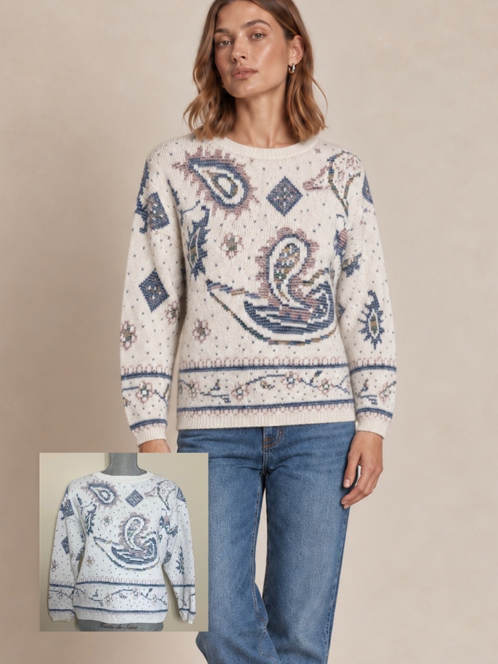 Women's vintage knit paisley sweater - White and Blue. Coastal Grandma vibes.
